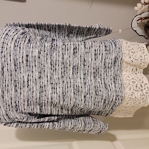 Van Heusen Blue and White Knit Sweater With Lace Hem - Picture 4 of 6